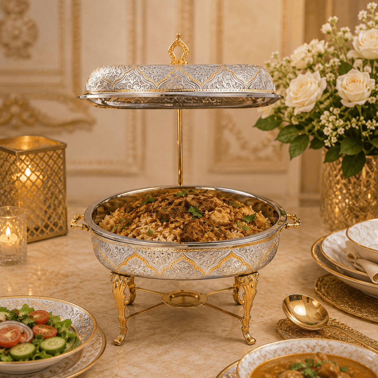 G.N 5-Liter, 5-Person Oval Brass Lift-Top Chafing Dishes With Golden Stand Kaka Bawa Sons