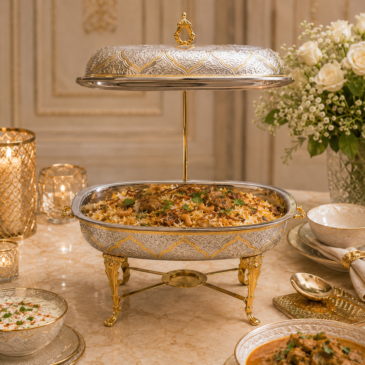 G.N 5-liter, 5-person Rectangular Silver Brass Chafing Dish With Golden Design AND Golden Stand
