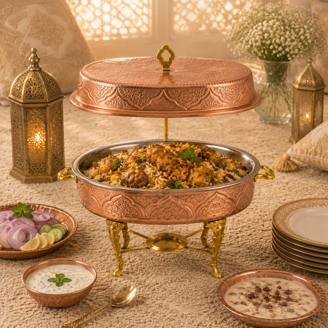 G.N 5-Liter, 5-Person Oval Brass Lift-Top Chafing Dishes With Golden Stand