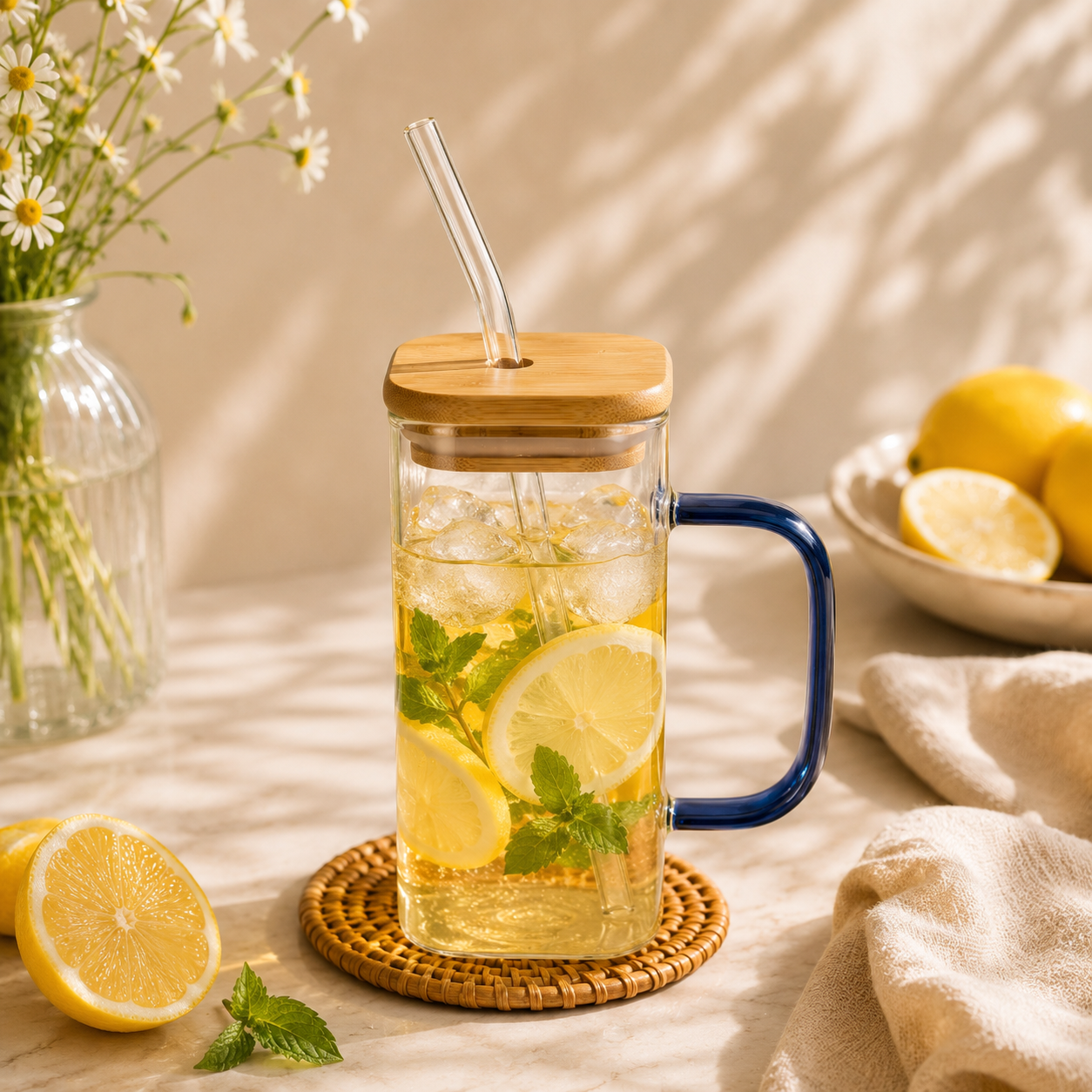 D.W.M 350 ML Borosilicate Glass Mason Jars With Straw