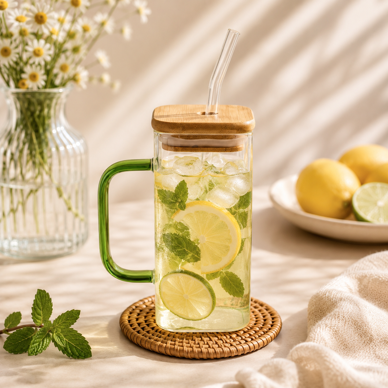 D.W.M 350 ML Borosilicate Glass Mason Jars With Straw