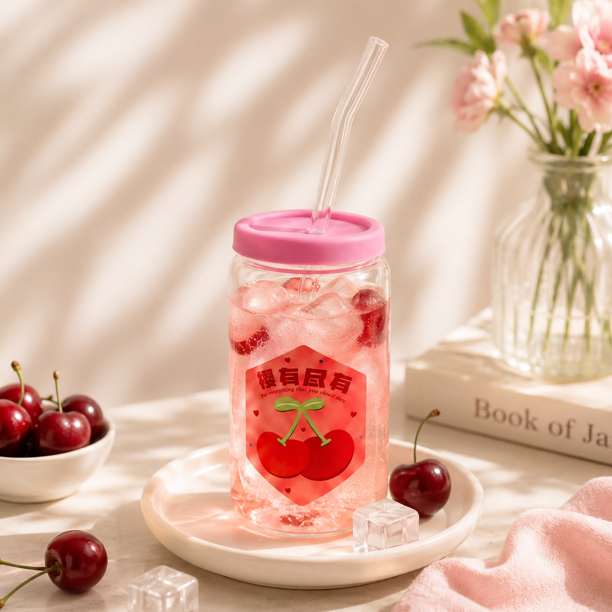 D.W.M 310 ML Fruit Collection Mason Jars With Lid AND Straw