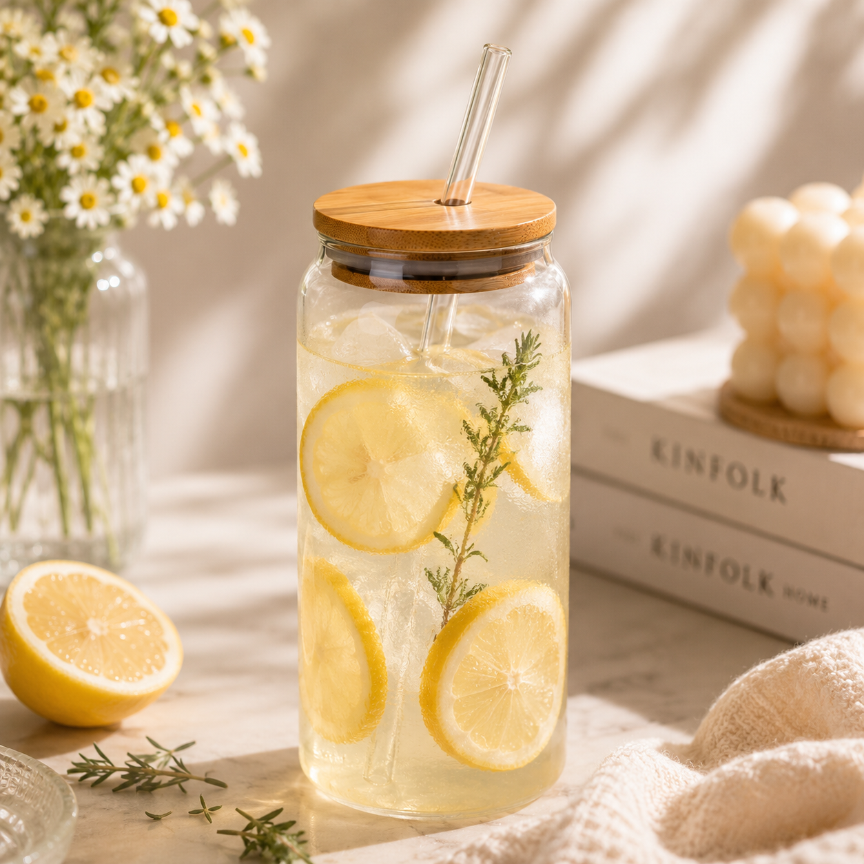 D.W.M 350 ML Round Glass Mason Jar Tumbler With Wooden Lid AND Straw