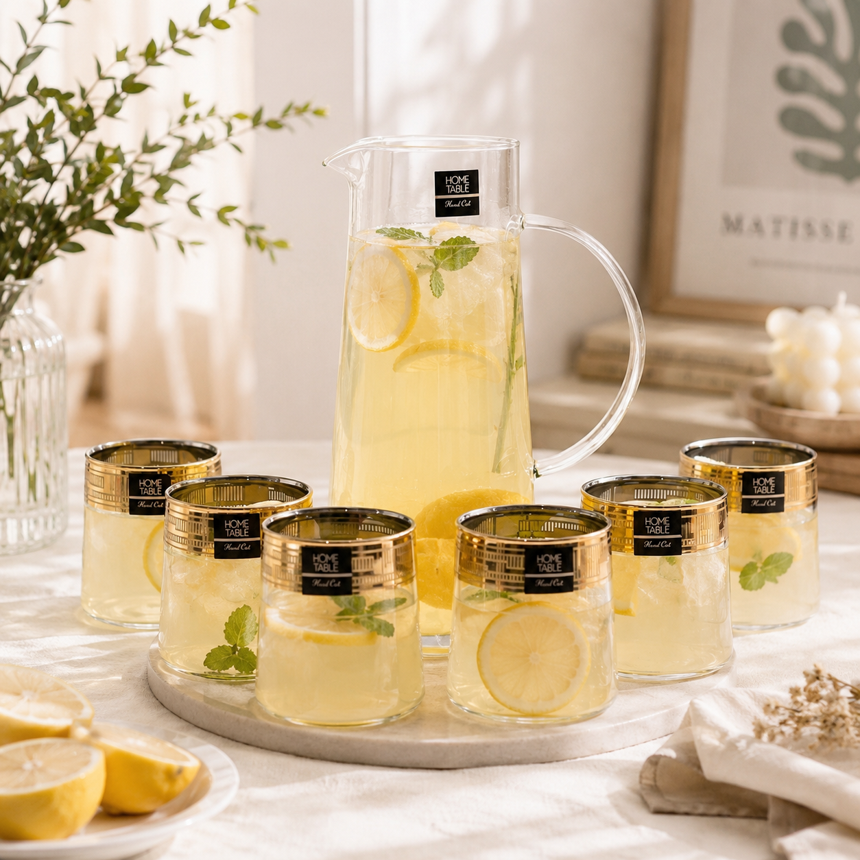 Home Table 7-Piece Gold Rim Jug And Glass Sets