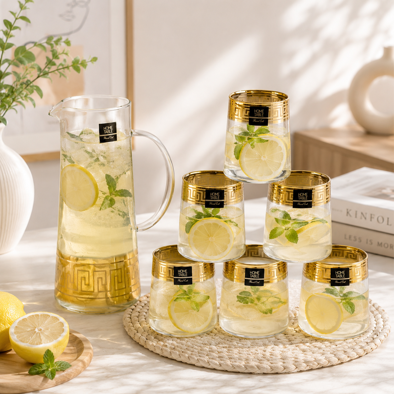 Home Table 7-Piece Gold Rim Jug And Glass Sets