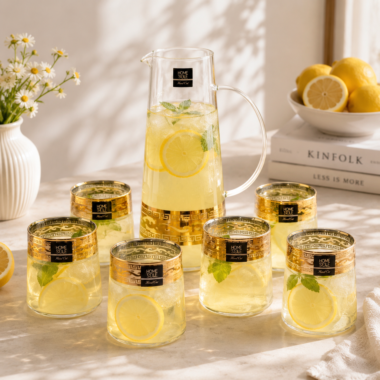 Home Table 7-Piece Gold Rim Jug And Glass Sets