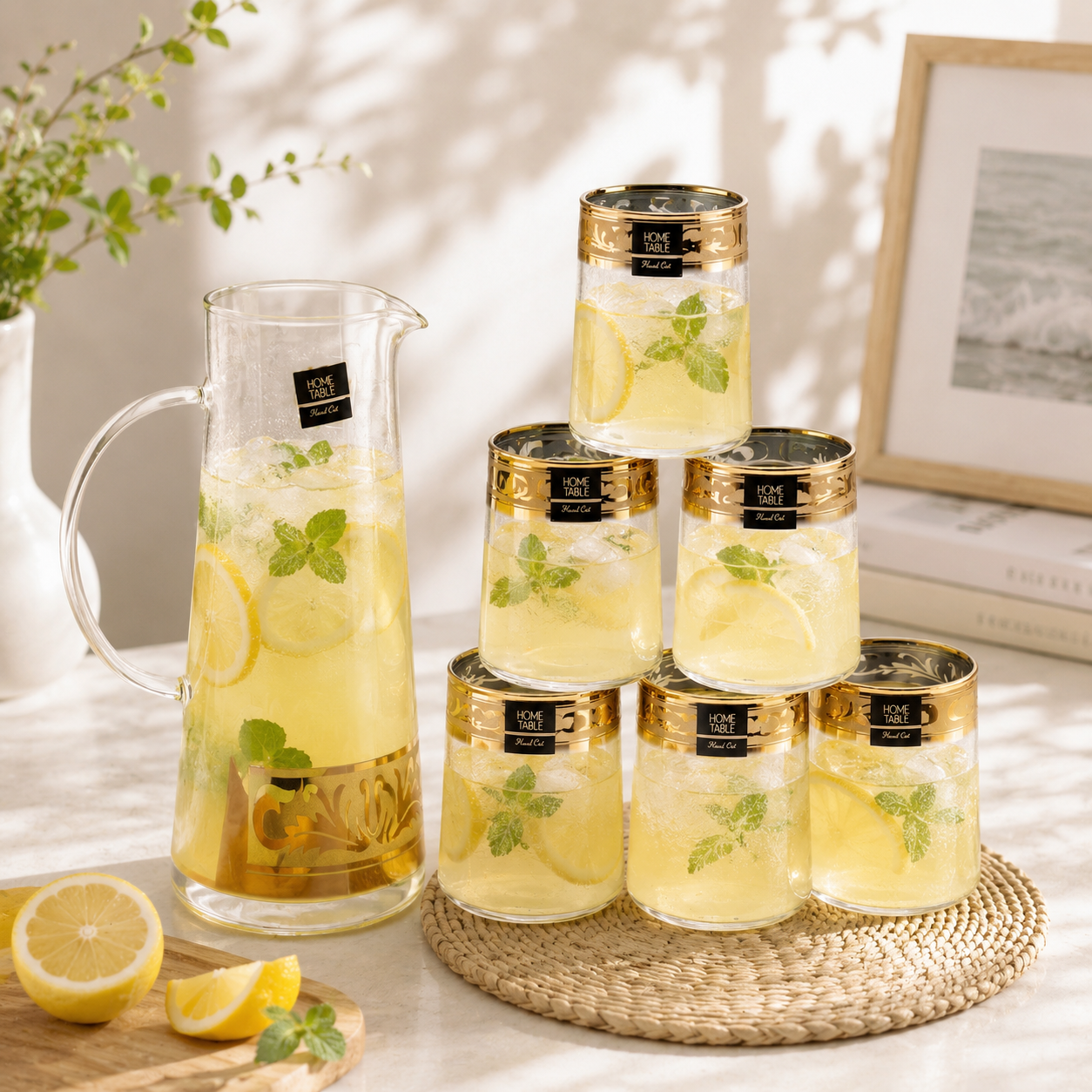Home Table 7-Piece Gold Rim Jug And Glass Sets