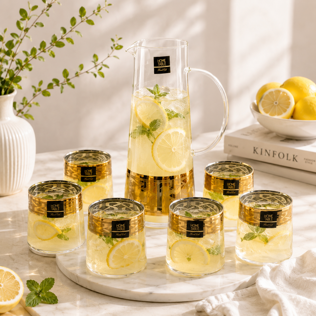 Home Table 7-Piece Gold Rim Jug And Glass Sets