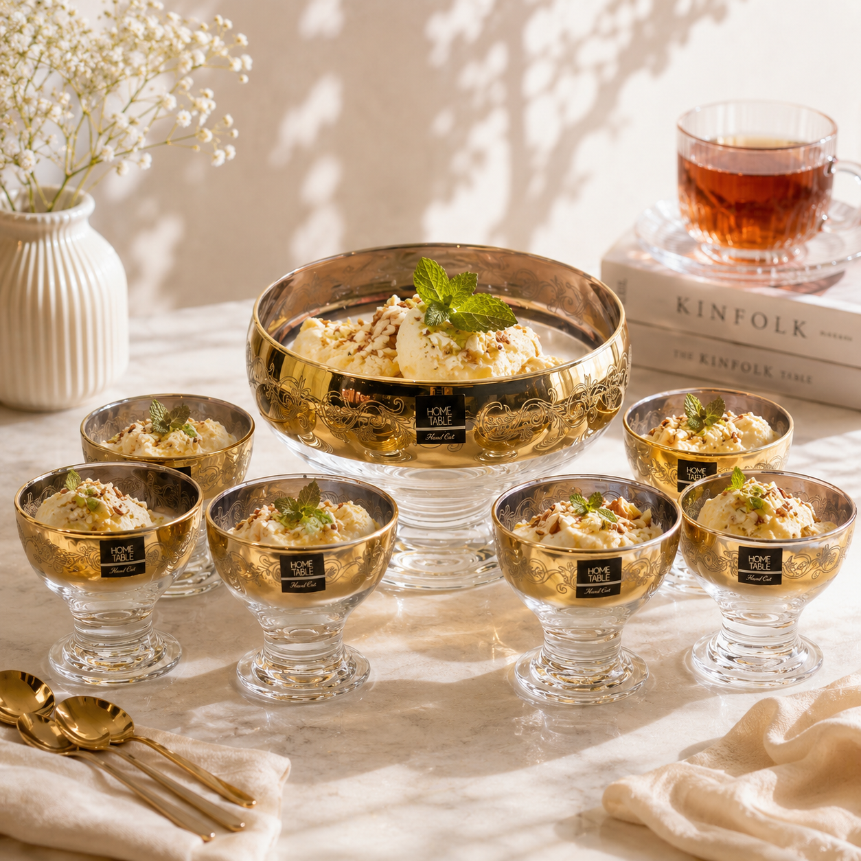 Home Table 7-Piece Golden Glass Ice Cream Bowl Set
