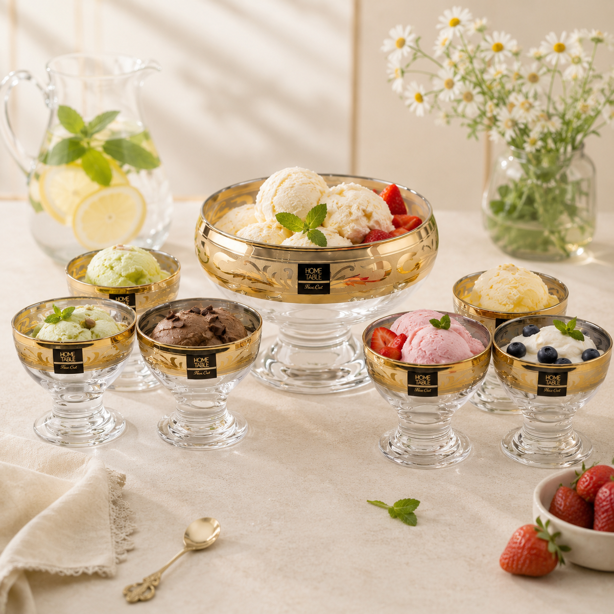 Home Table 7-Piece Golden Glass Ice Cream Bowl Set