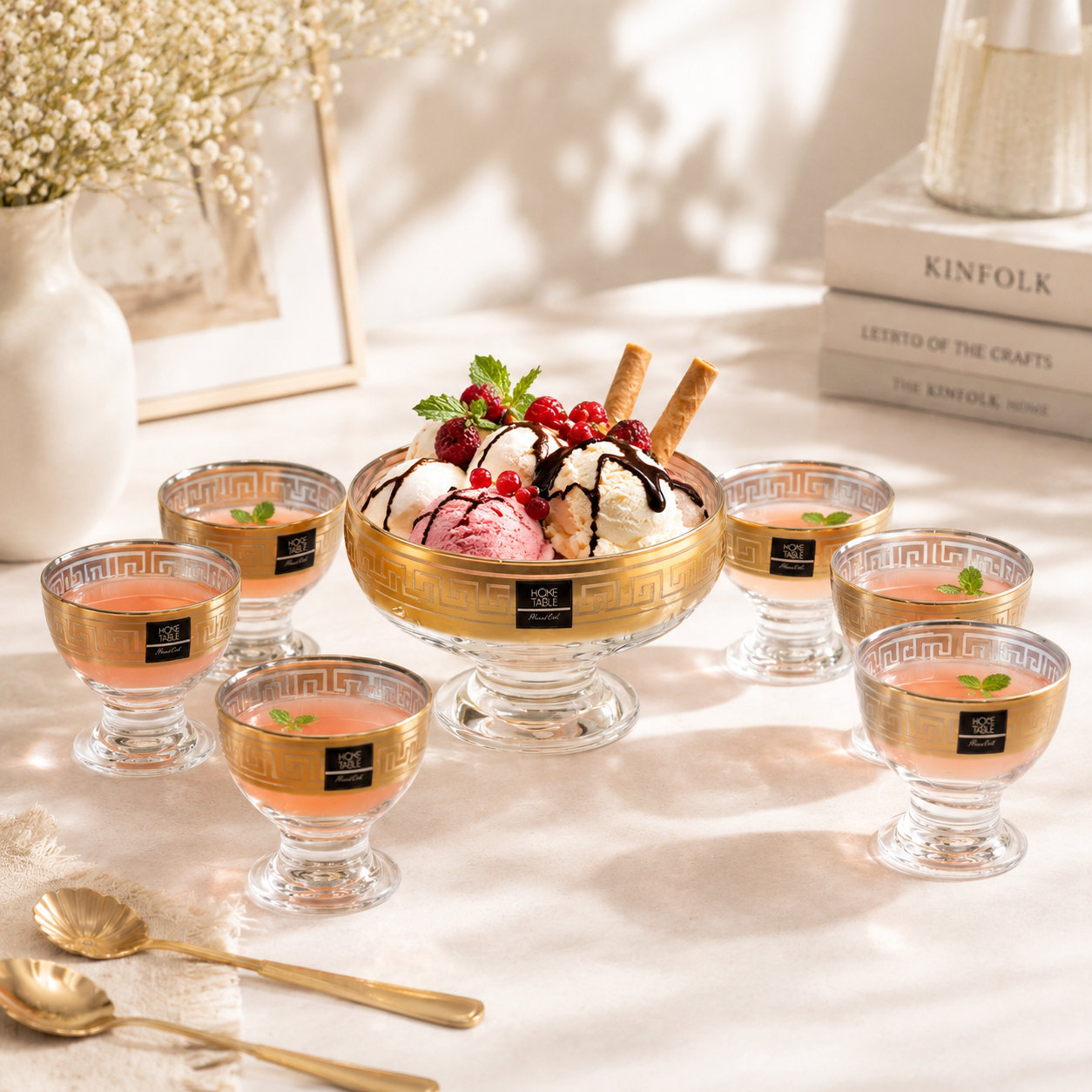 Home Table 7-Piece Golden Glass Ice Cream Bowl Set