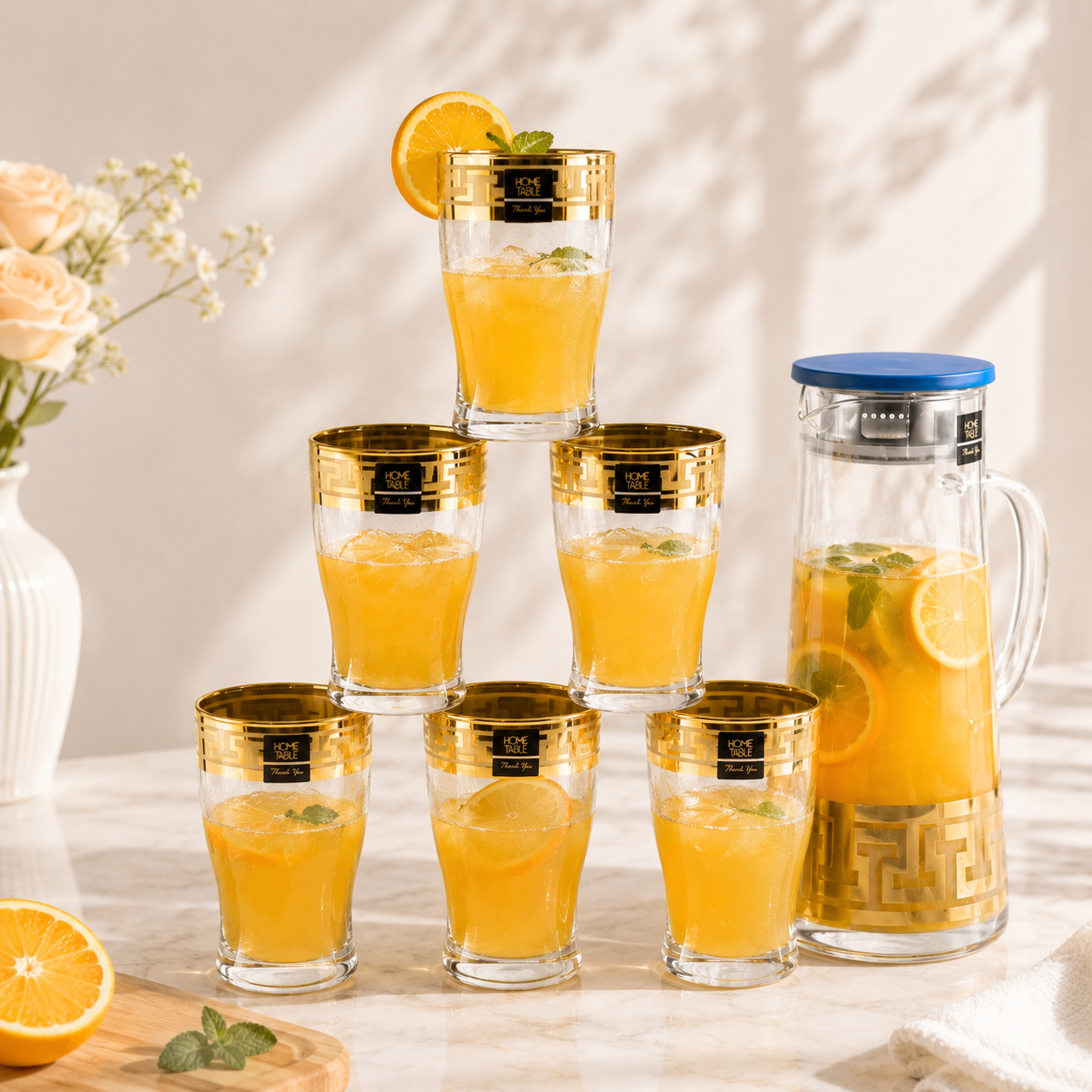 Home Table 7-Piece Gold Rim Water Glass and Jug With Blue Lid Sets