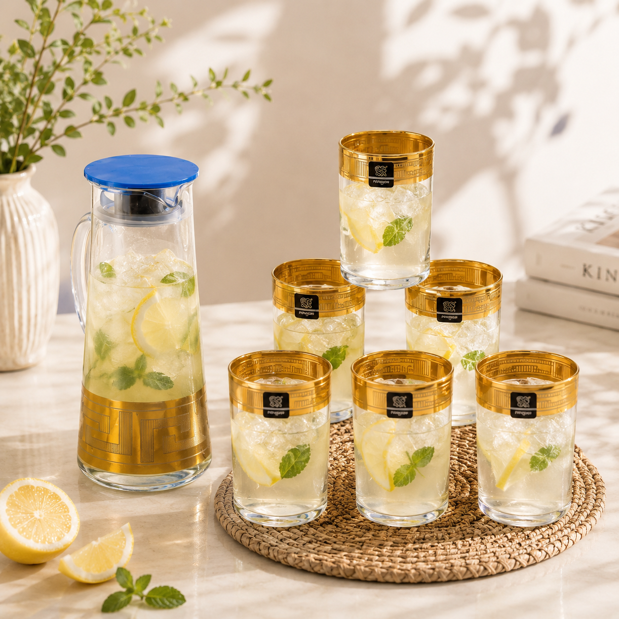 Home Table 7-Piece Gold Rim Water Glass and Jug With Blue Lid Sets