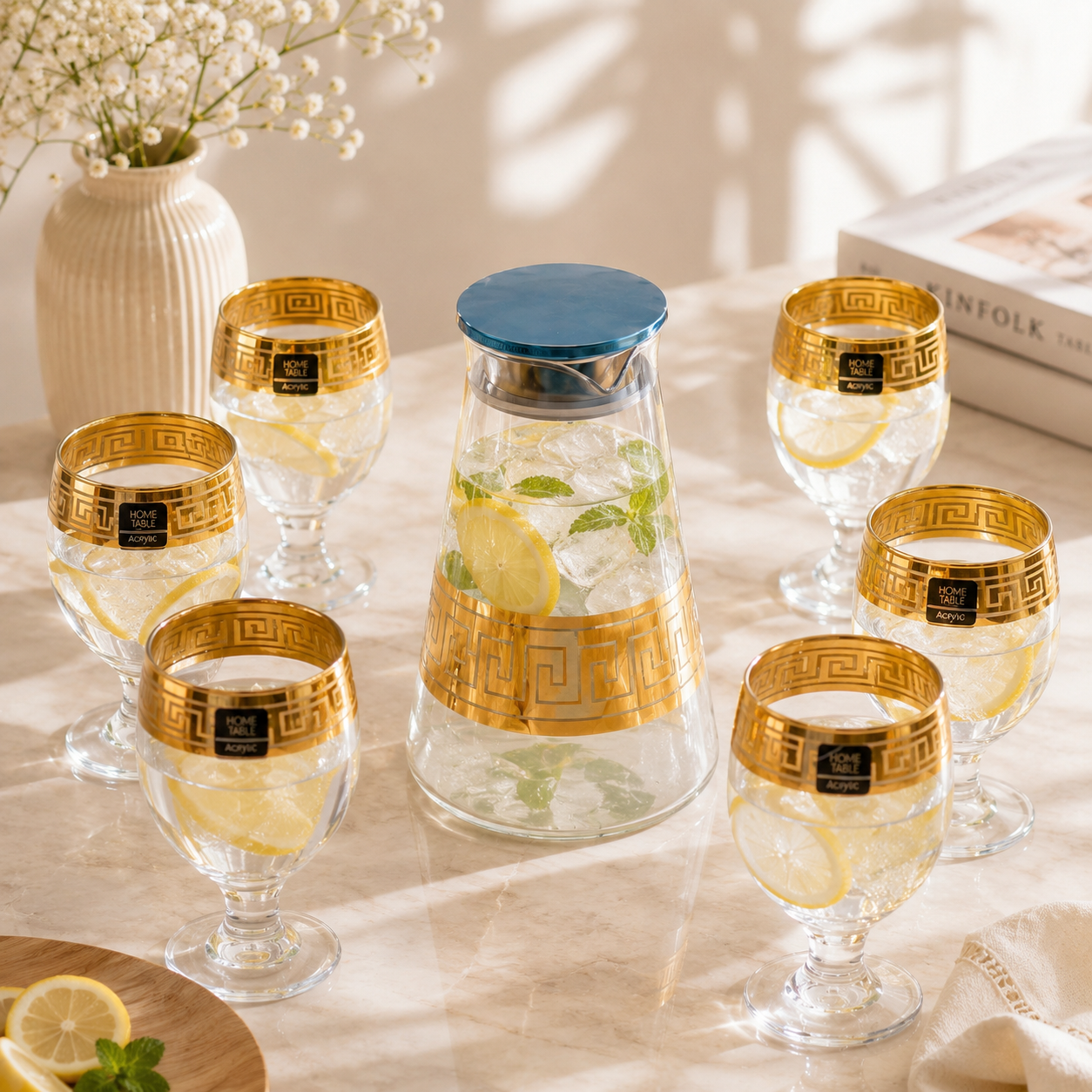 Home Table 7-Piece Gold Rim Water Glass and Jug With Blue Lid Sets