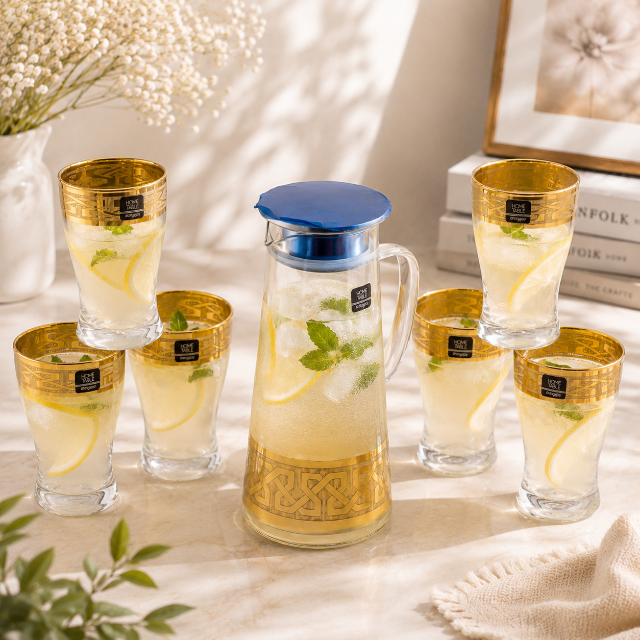 Home Table 7-Piece Gold Rim Water Glass and Jug With Blue Lid Sets