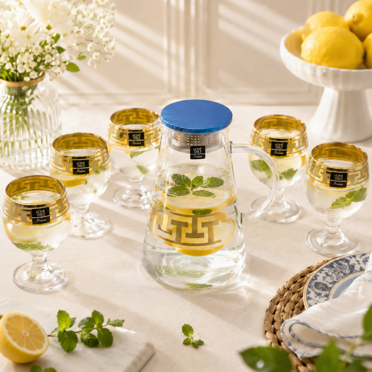 Home Table 7-Piece Gold Rim Water Glass and Jug With Blue Lid Sets