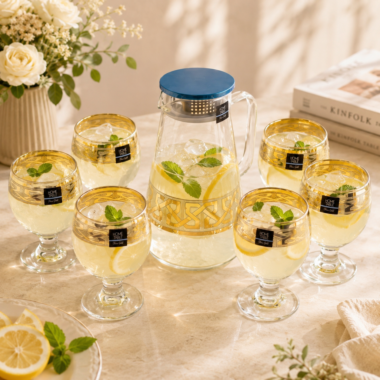 Home Table 7-Piece Gold Rim Water Glass and Jug With Blue Lid Sets