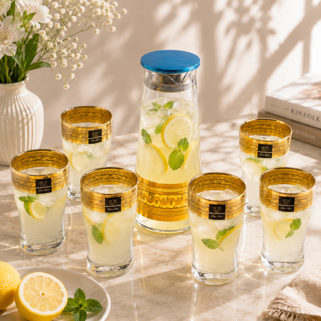 Home Table 7-Piece Gold Rim Water Glass and Jug With Blue Lid Sets