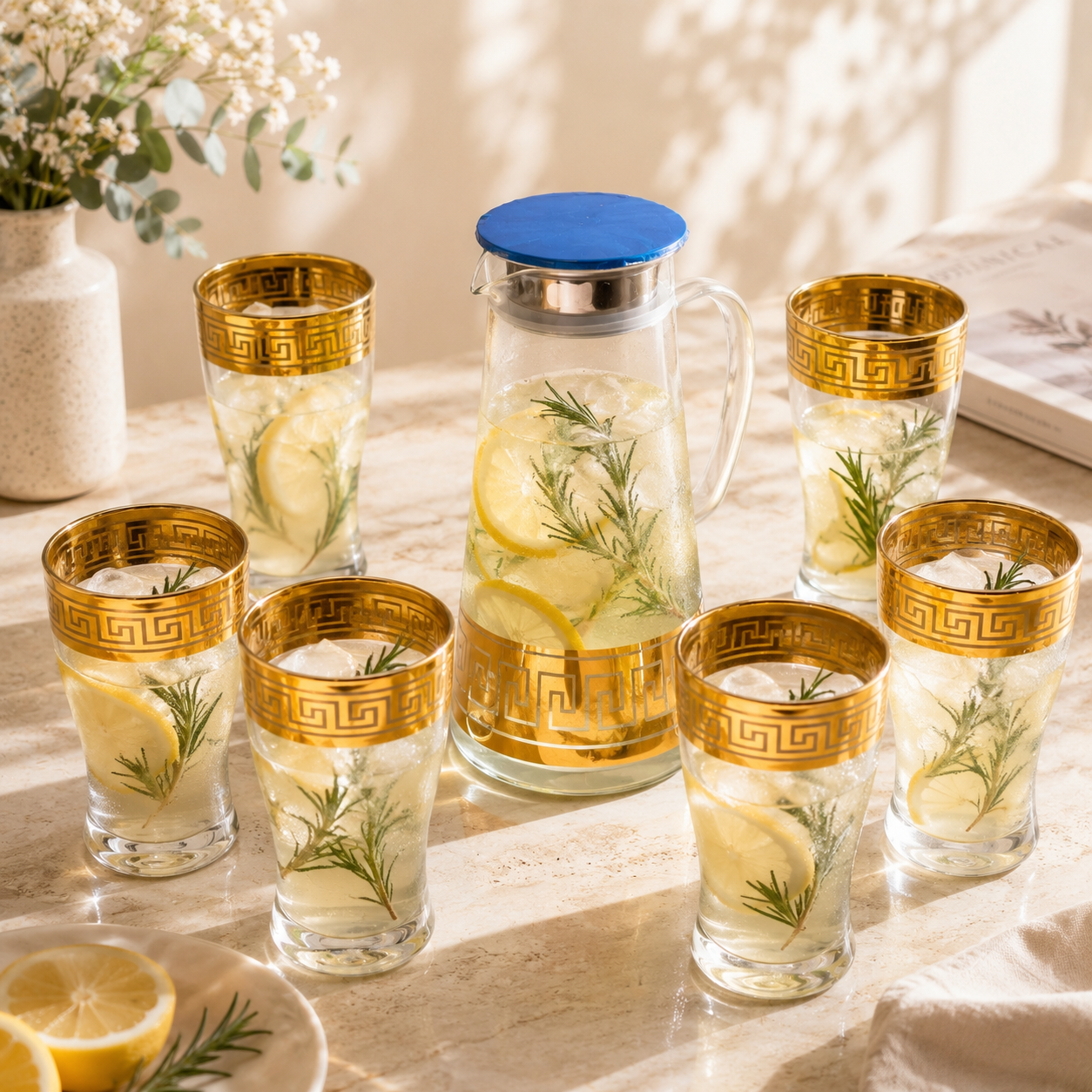 Home Table 7-Piece Gold Rim Water Glass and Jug With Blue Lid Sets