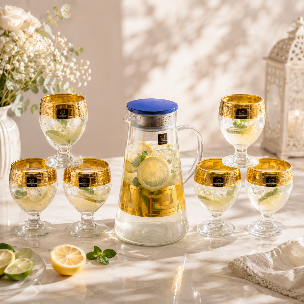 Home Table 7-Piece Gold Rim Water Glass and Jug With Blue Lid Sets