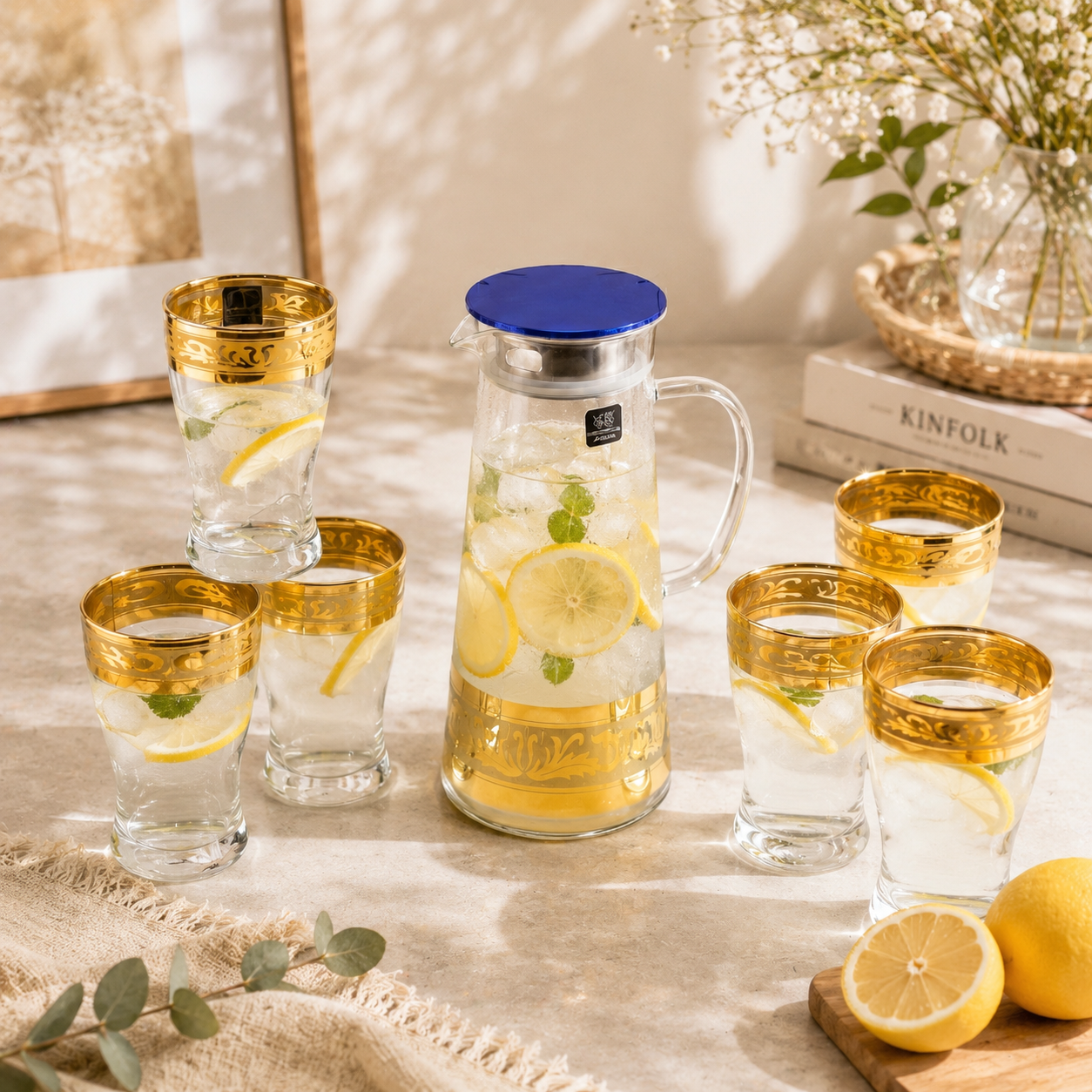 Home Table 7-Piece Gold Rim Water Glass and Jug With Blue Lid Sets