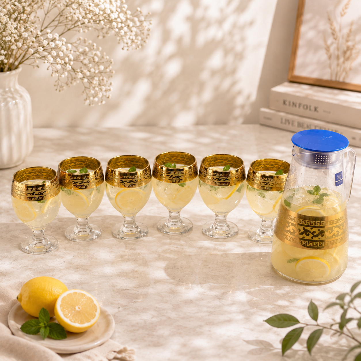 Home Table 7-Piece Gold Rim Water Glass and Jug With Blue Lid Sets
