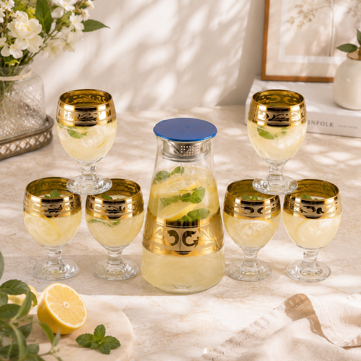 Home Table 7-Piece Gold Rim Water Glass and Jug With Blue Lid Sets