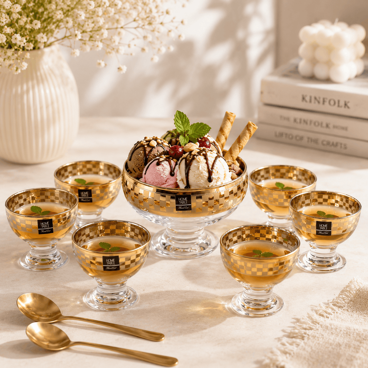 Home Table 7-Piece Golden Glass Dessert Sets Kaka Bawa Sons