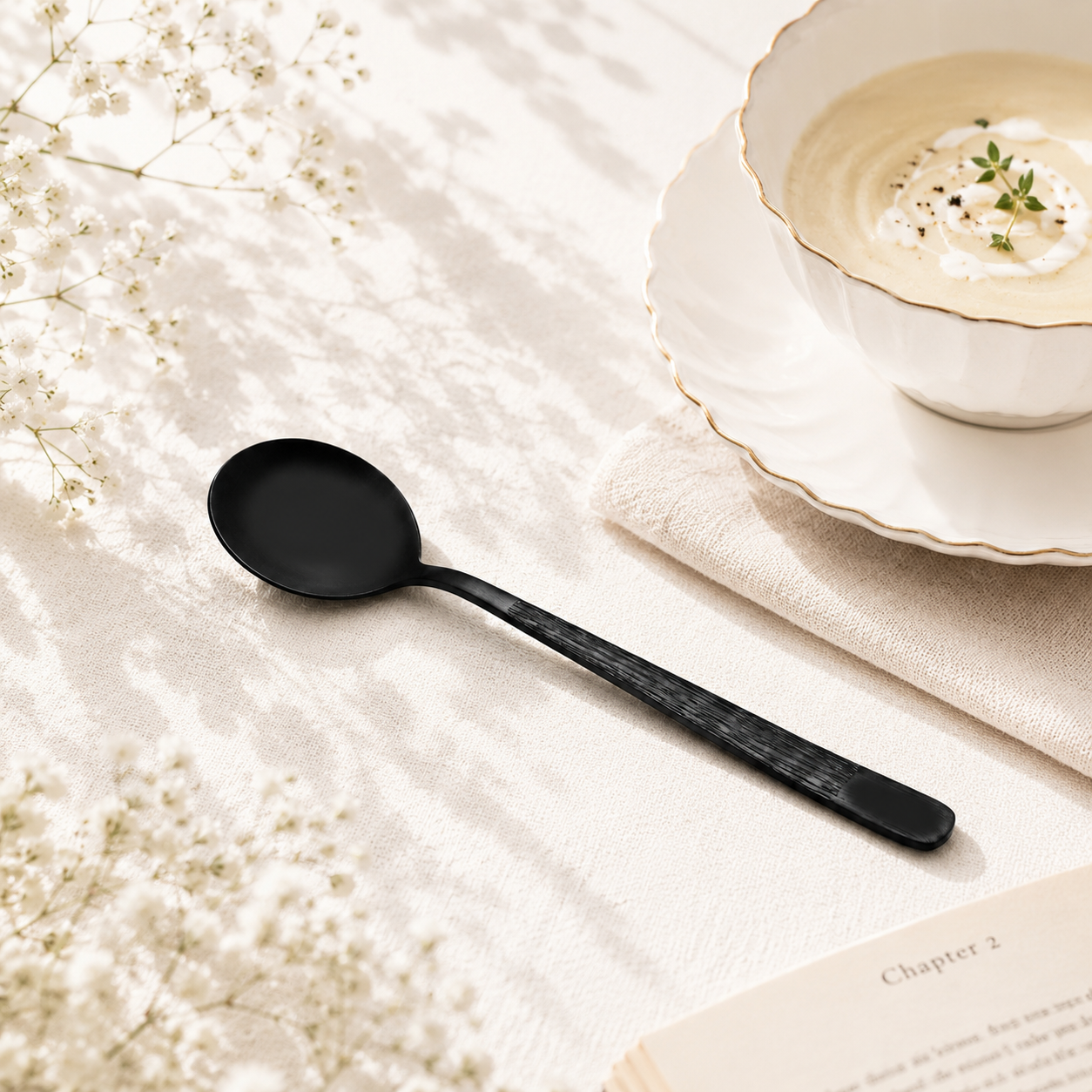Black Tree 6-Piece Stainless Steel Black Dessert Soup Spoon Set