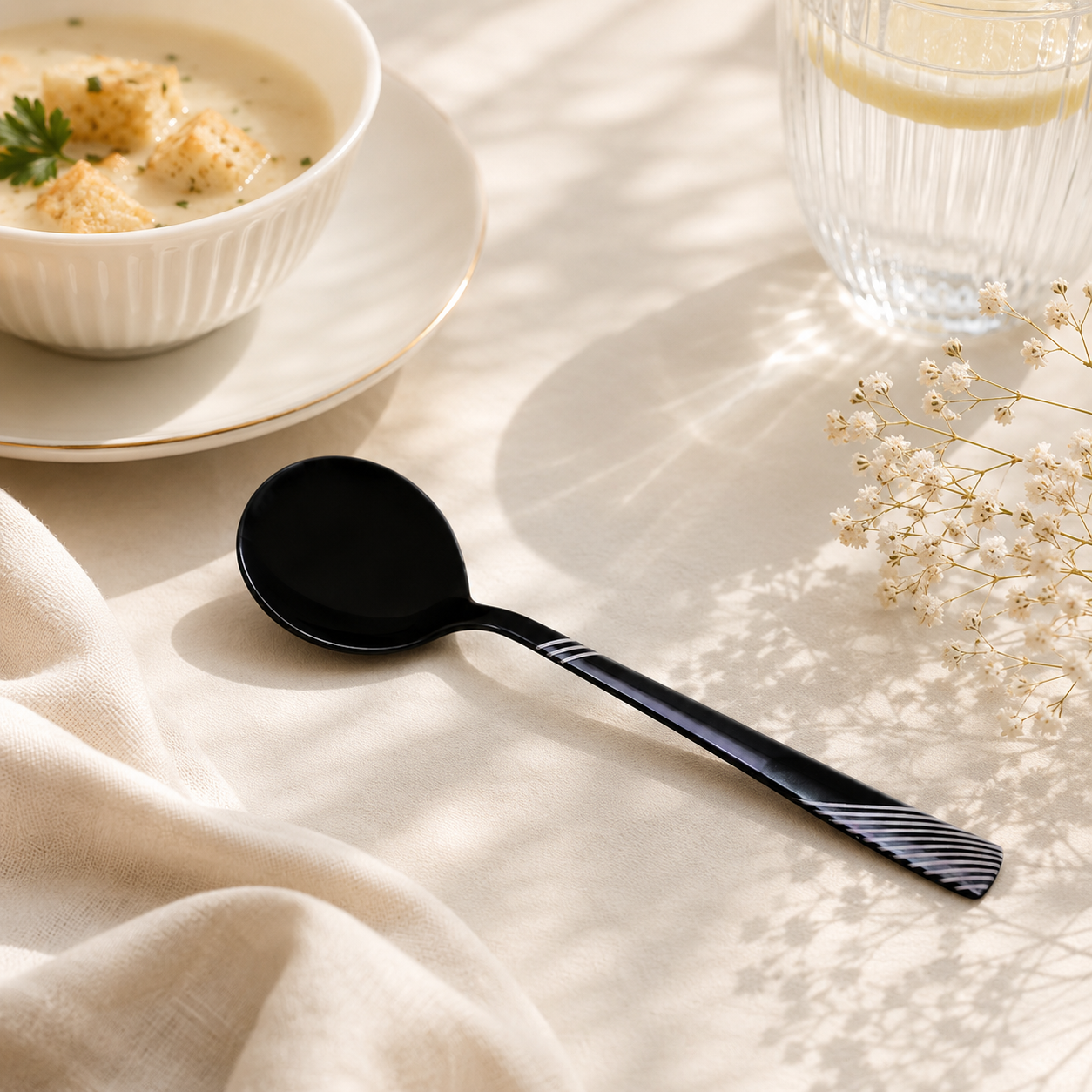 Blaze TPO 6-Piece Stainless Steel Black Dessert Soup Spoon Set