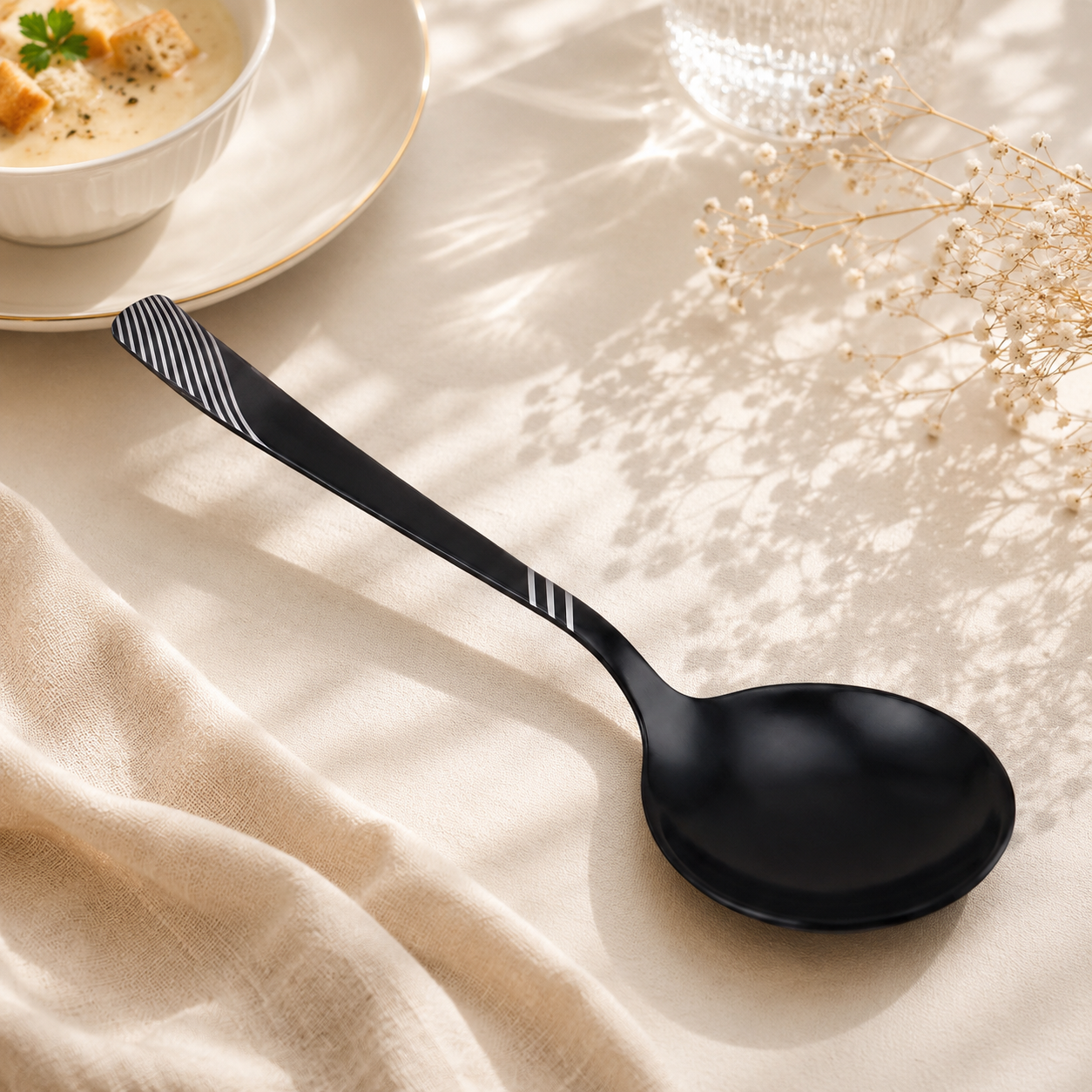 Blaze TPO 2-Piece Stainless Steel Black Serving Soup Spoon Set