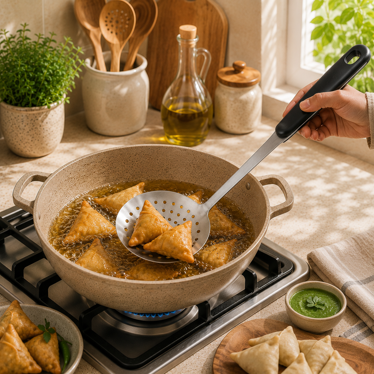 N.F Stainless Steel Frying Skimmers with Black Handle