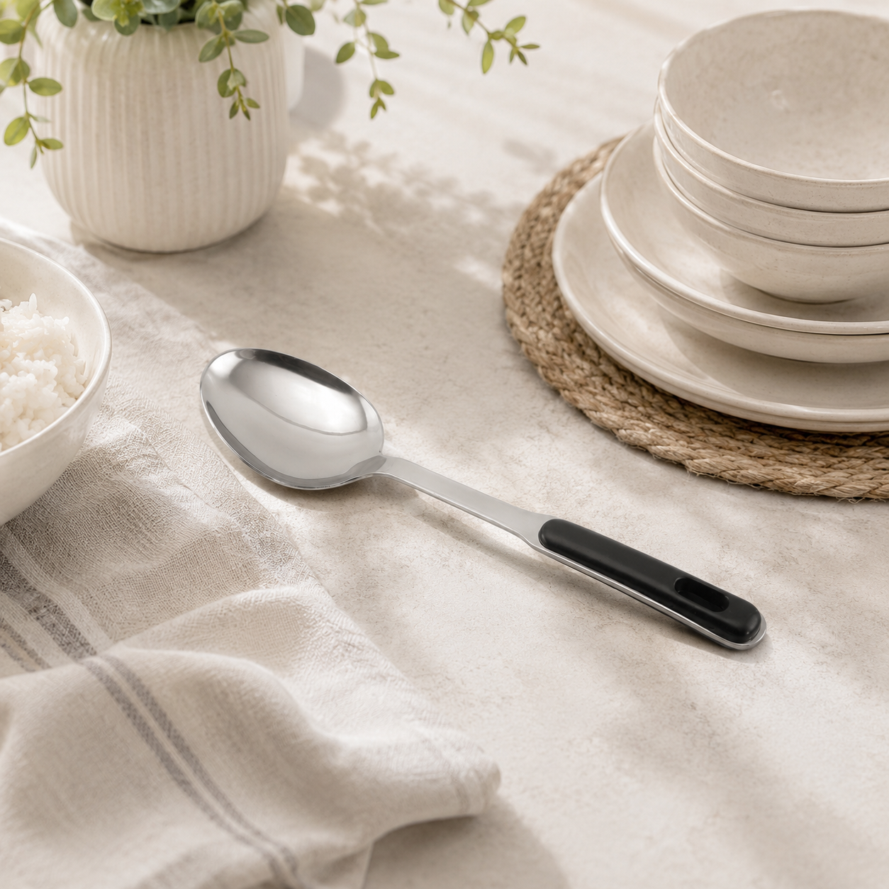 N.F Stainless Steel Silver Serving Rice Spoons With Black Handle