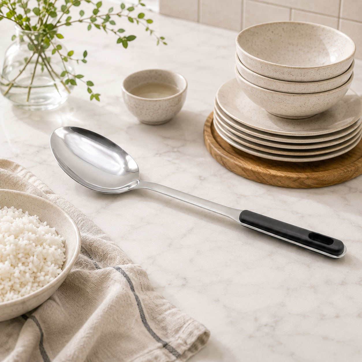 N.F Stainless Steel Silver Serving Rice Spoons With Black Handle