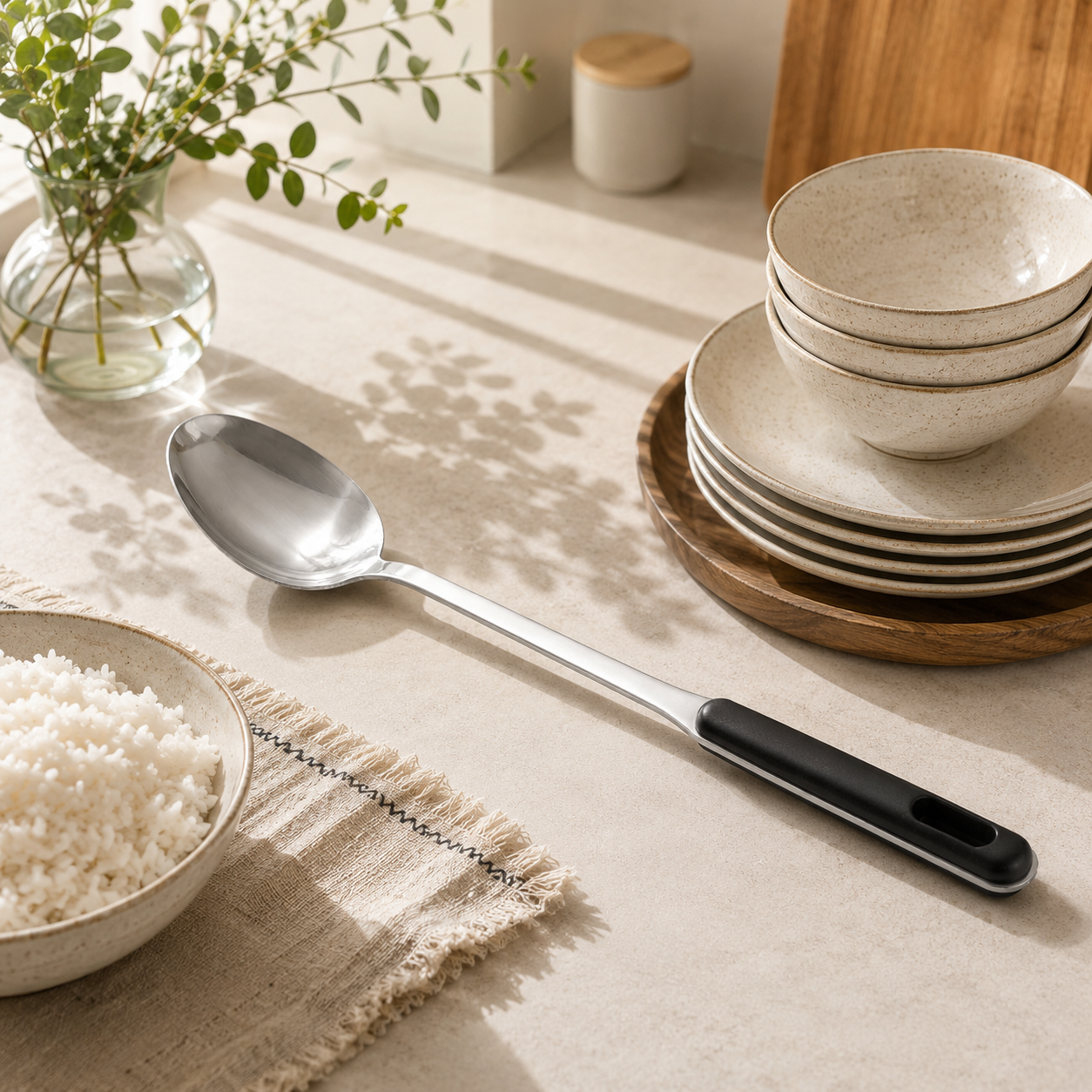 N.F Stainless Steel Silver Serving Rice Spoons With Black Handle