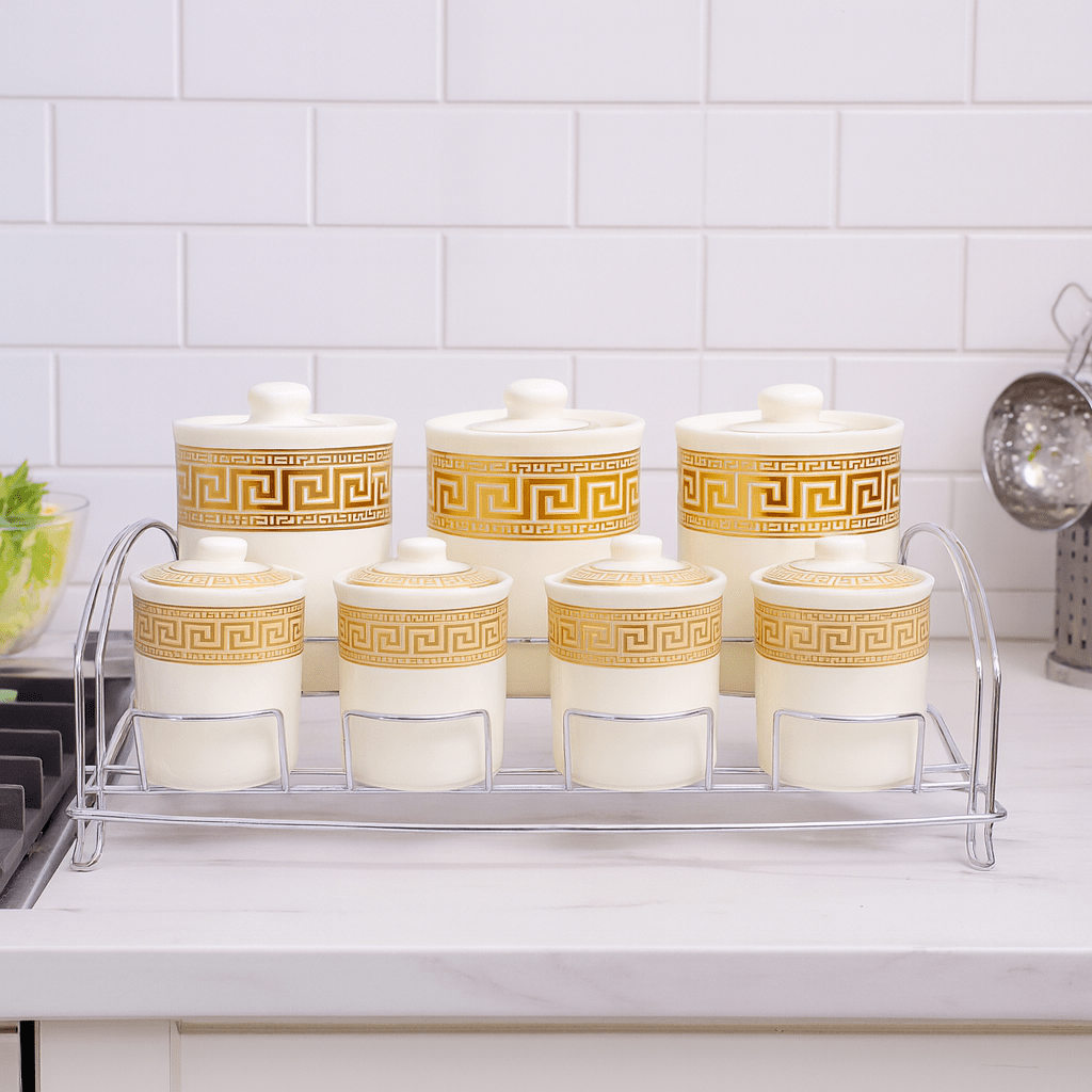7-Piece Versace-Pattern Ceramic Spice Jar Set Golden