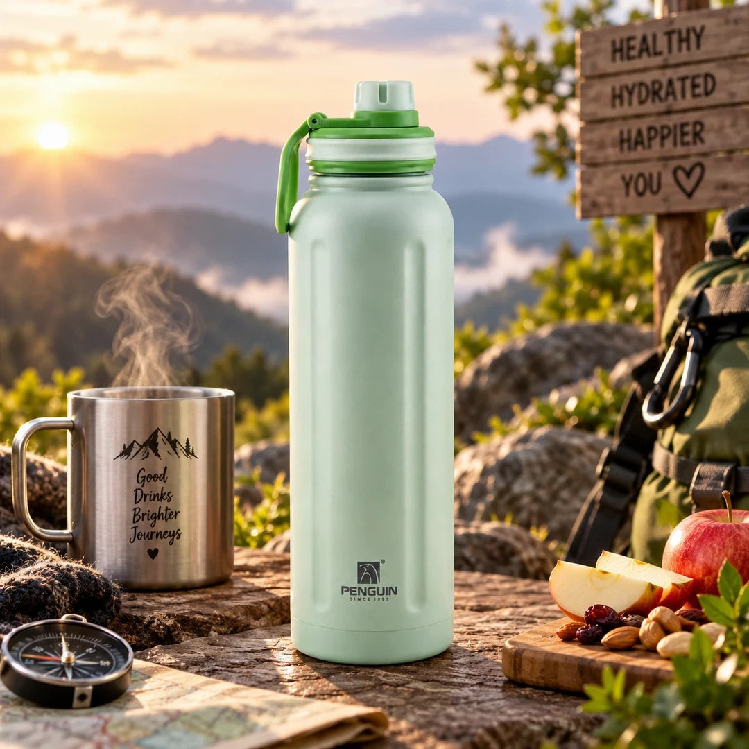 Penguin Steel Vacuum Flask - 1200ml | Hot & Cold Insulation | Green Color