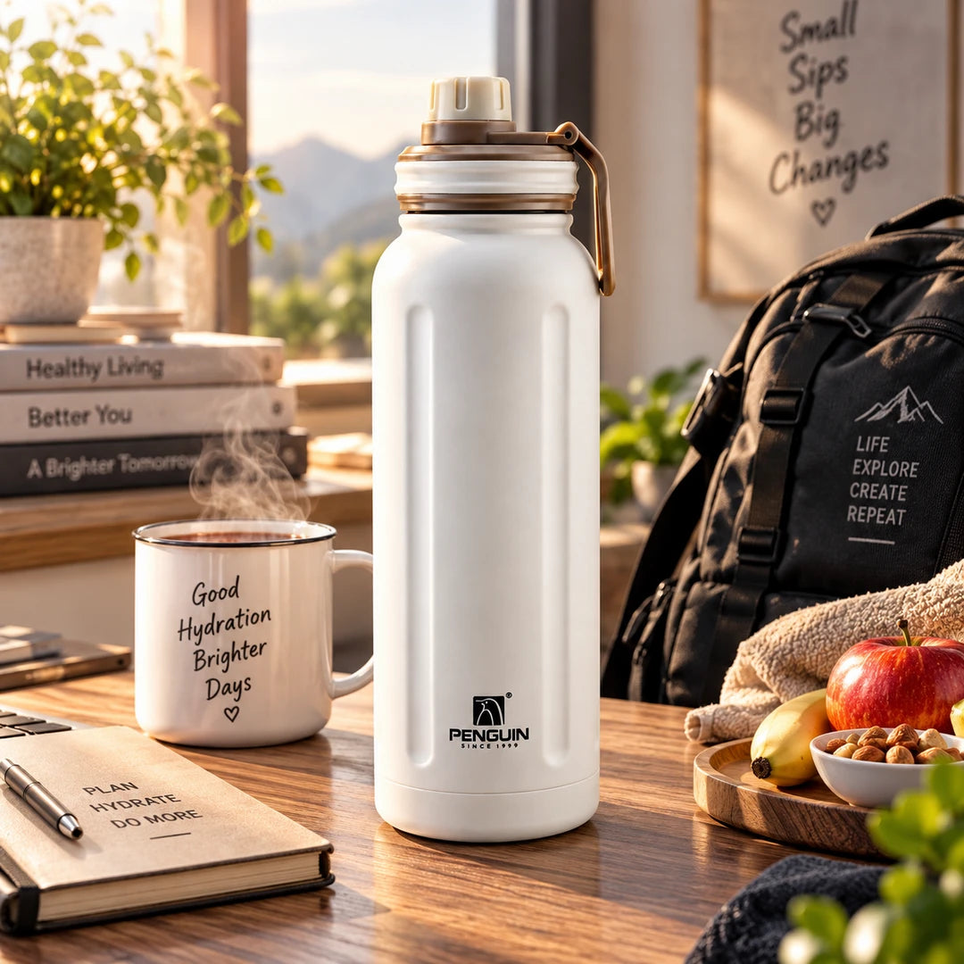 Penguin Steel Vacuum Flask - 1200ml | Hot & Cold Insulation | White Color