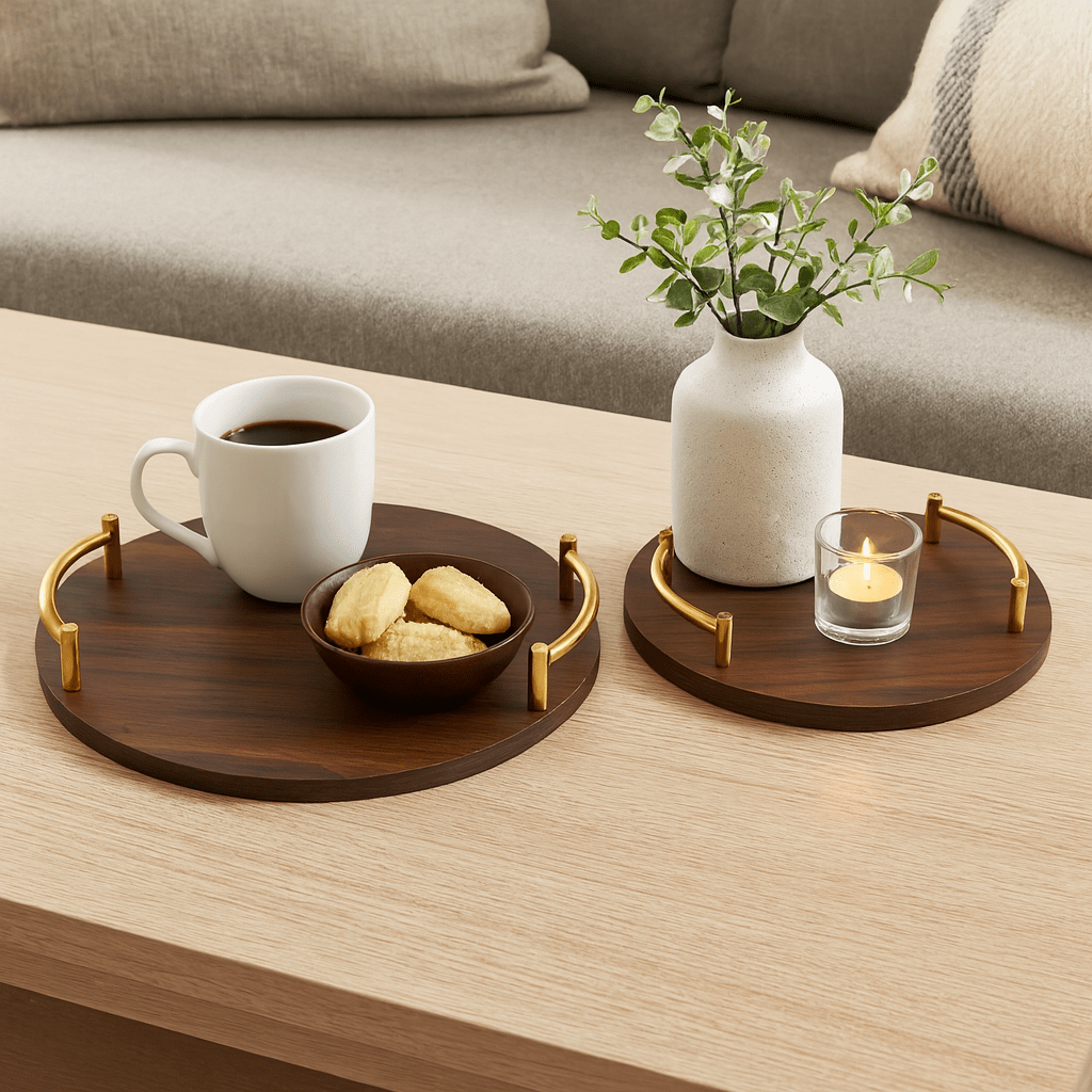 2-Piece Round Wooden Tray Set