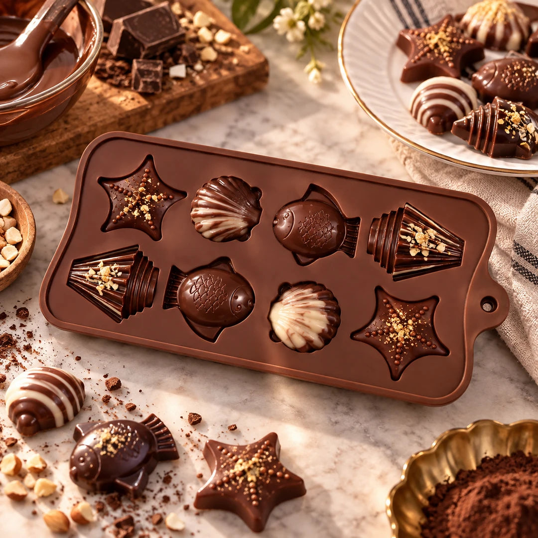 BEST Silicone Chocolate Mould 8-Cavity | Starfish, Cone, Fish & Sea Shell