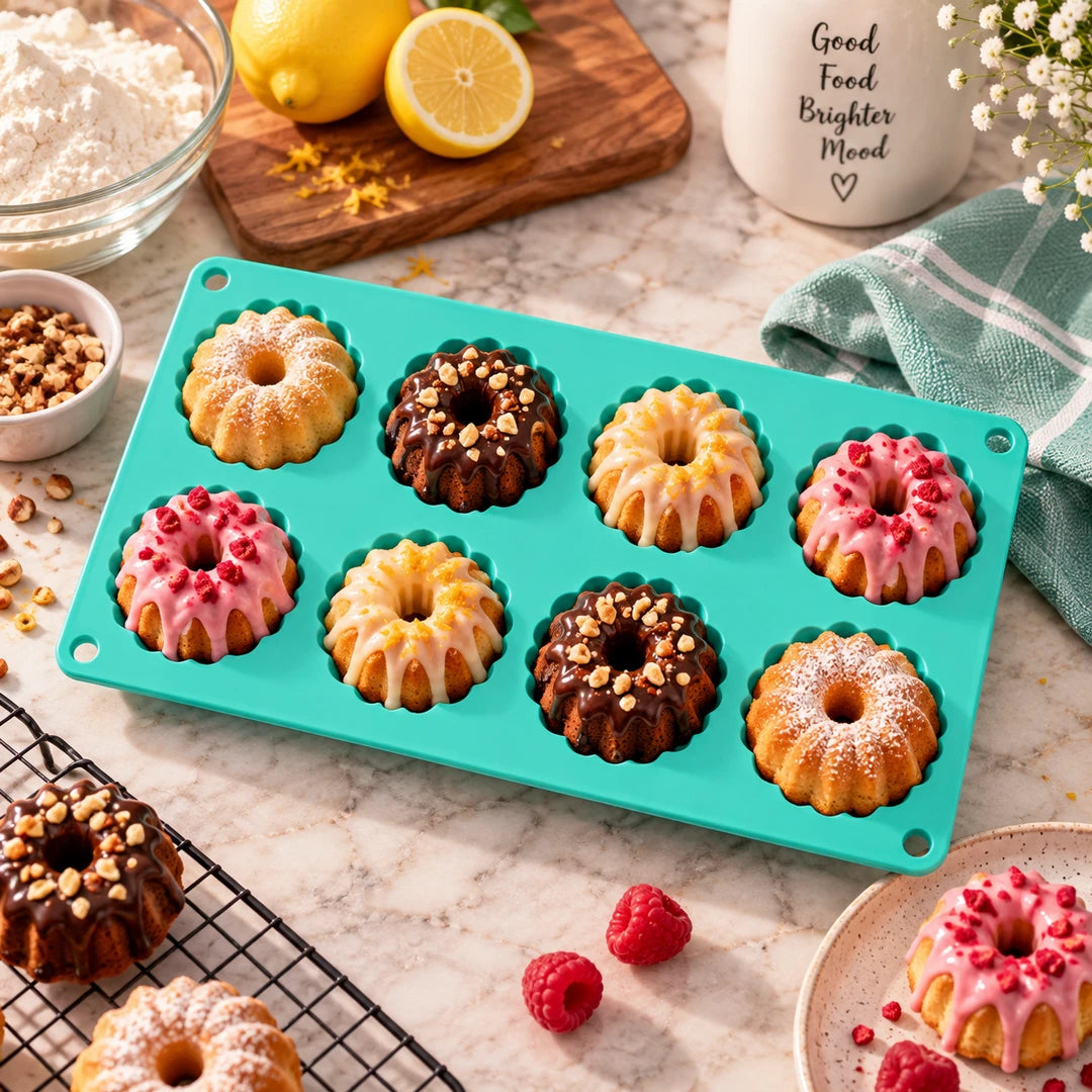 BEST Silicone Muffin Tray - 8 Cup | Green, Brown & Pink