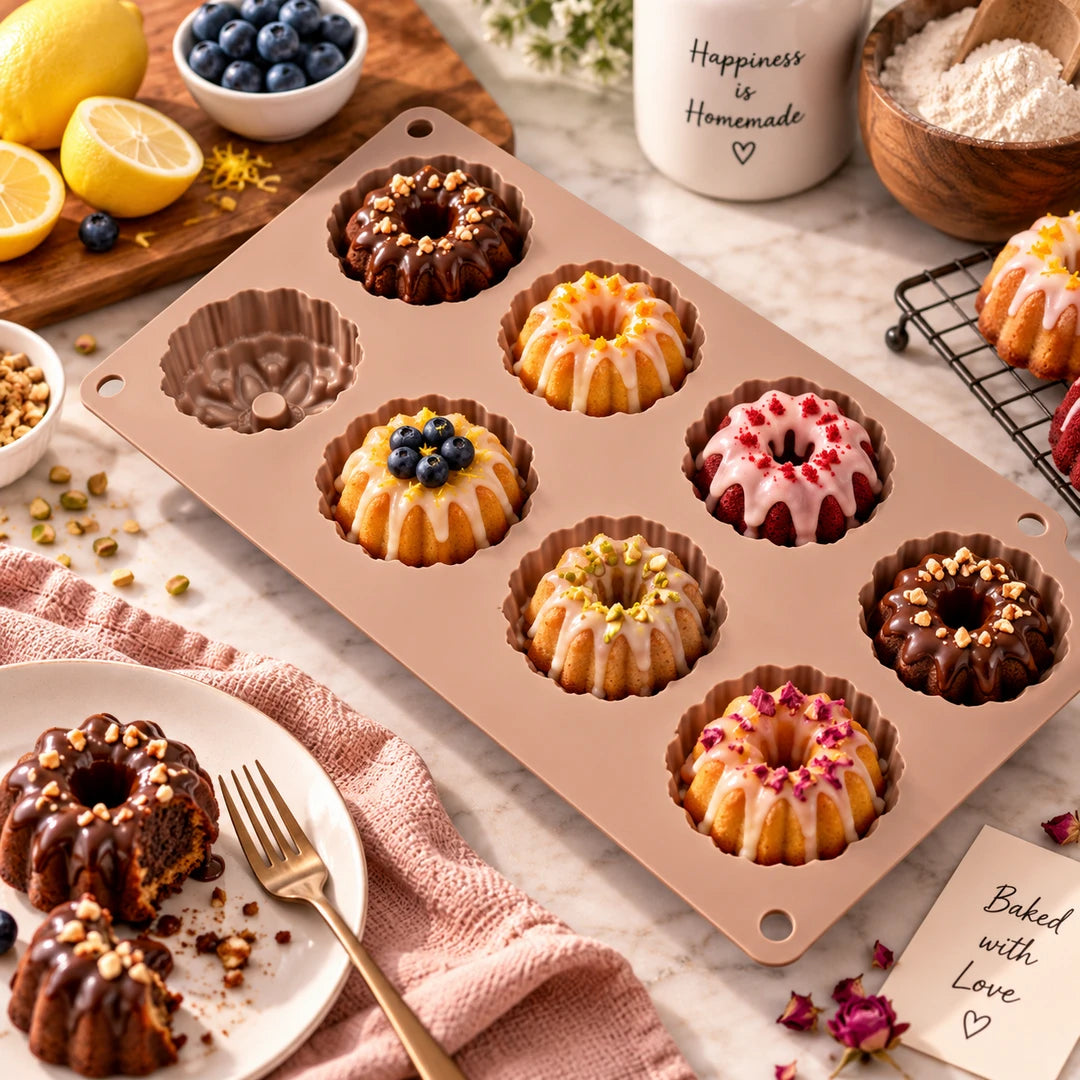 BEST Silicone Muffin Tray - 8 Cup | Green, Brown & Pink