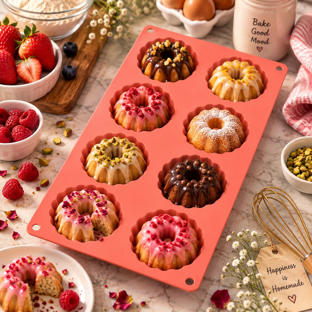 BEST Silicone Muffin Tray - 8 Cup | Green, Brown & Pink
