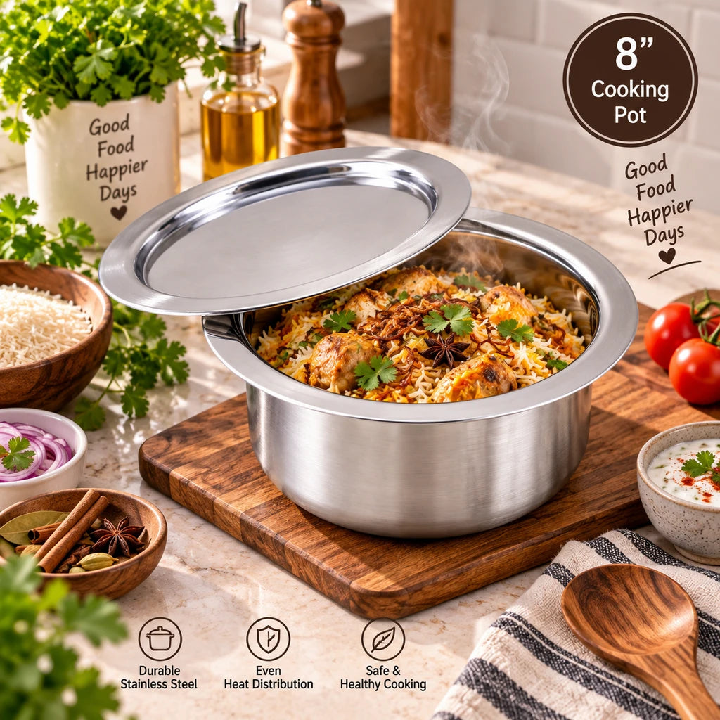 Stainless Steel Cooking Pot With Lid | 8 Inch
