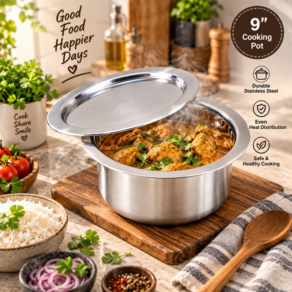 Stainless Steel Cooking Pot With Lid | 9 Inch