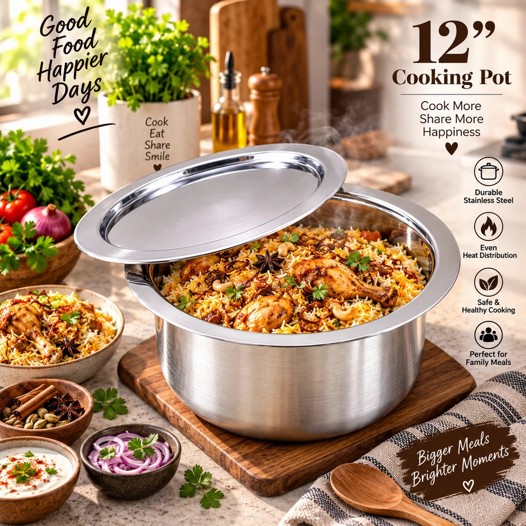 Stainless Steel Cooking Pot With Lid | 12 Inch