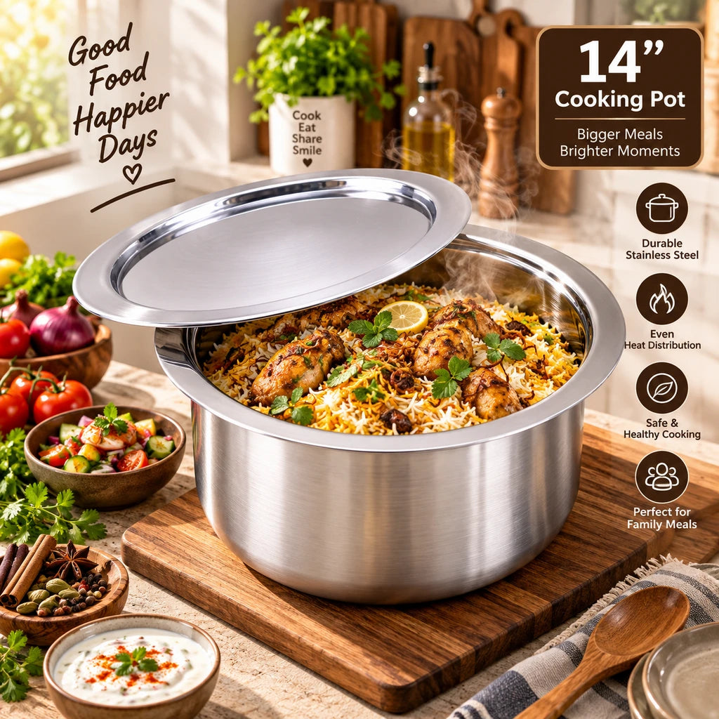 Stainless Steel Cooking Pot With Lid | 14 Inch