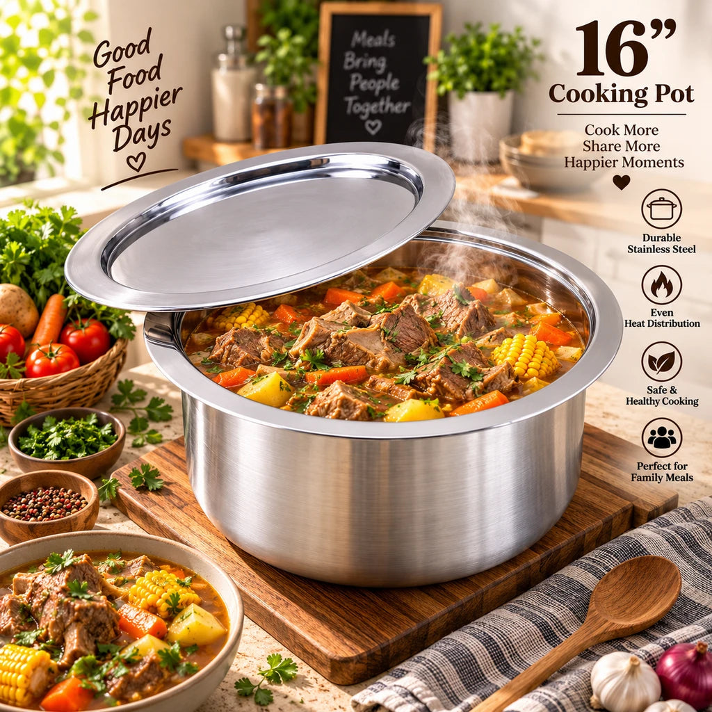 Stainless Steel Cooking Pot With Lid | 16 Inch