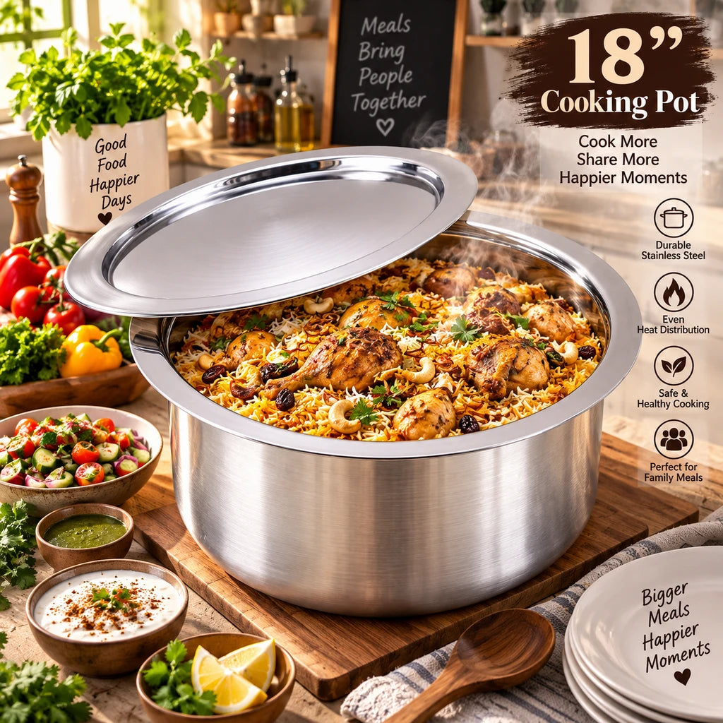 Stainless Steel Cooking Pot With Lid | 18 Inch