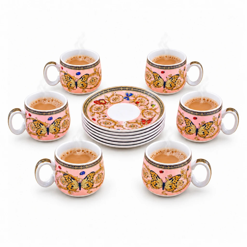 Royal 12-Piece Cup & Saucer Set | Pink & Gold Butterfly Garden Design
